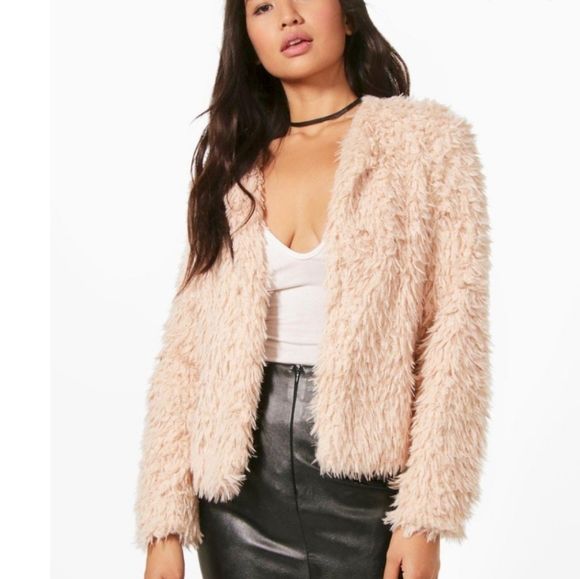 Boohoo Jackets & Blazers - Boohoo Hannah Cropped Shaggy Faux Fur Coat Stone